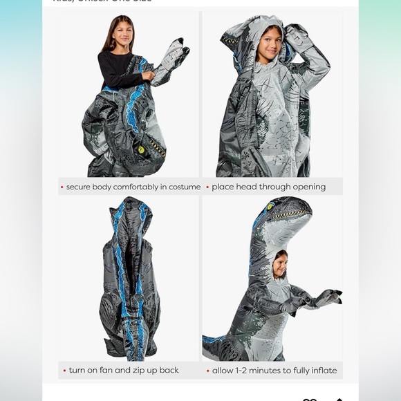 Jurassic World: Blue Velociraptor Inflatable Costume for Kids, Unisex One Size - Picture 4 of 6